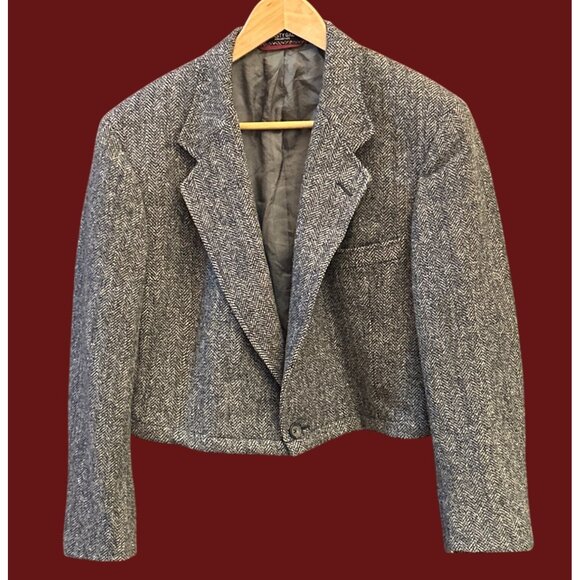 Vintage Hart Schaffner Marx Raleighs Grey Herringbone Wool Cropped Blazer - Picture 1 of 5